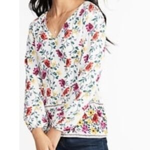 Old Navy Split-Neck Lightweight White Floral Long Sleeve Blouse Women's XL EUC